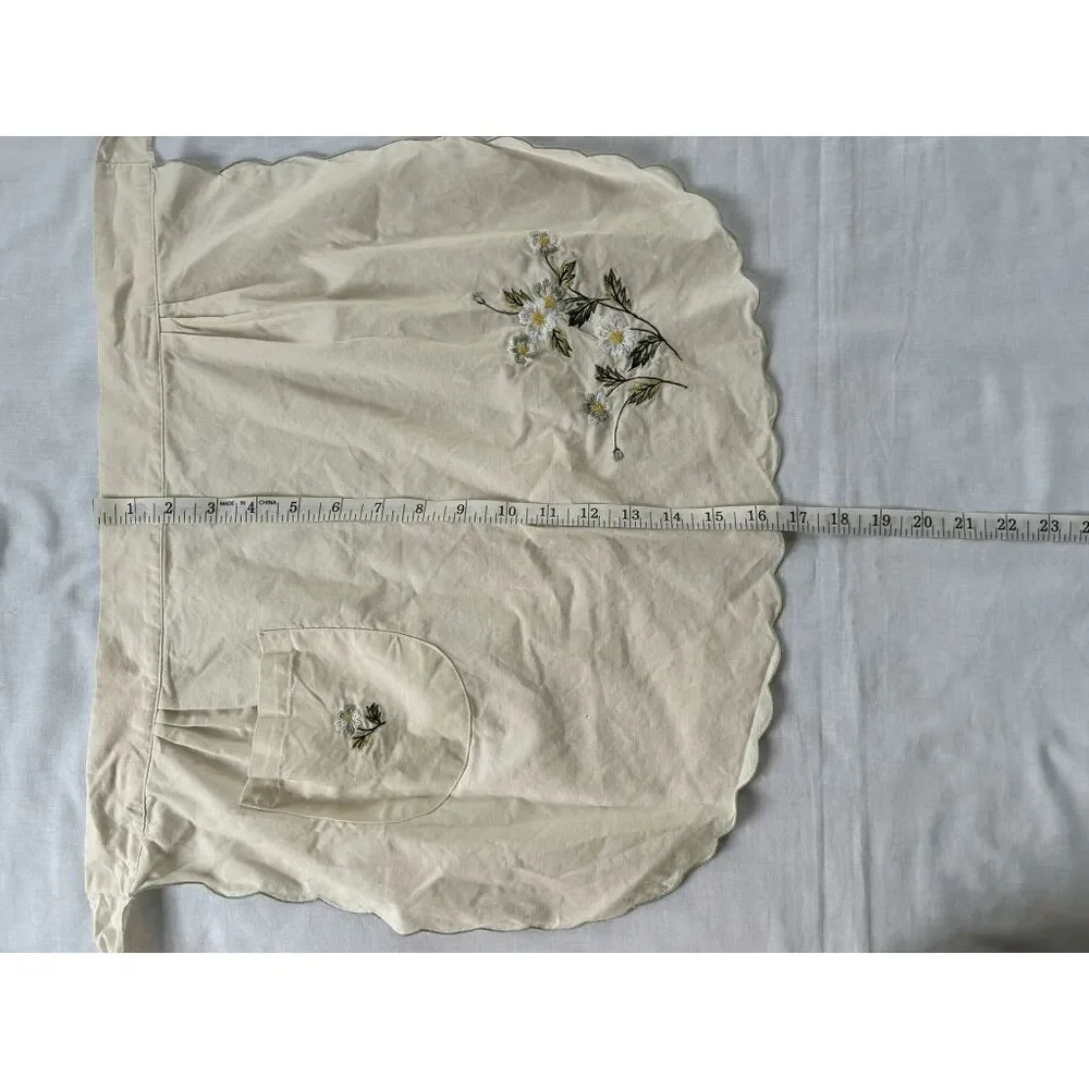 Handmade Kitchen Apron, Cream Colored, Embroidered, Pocket, Tie, Flowers,